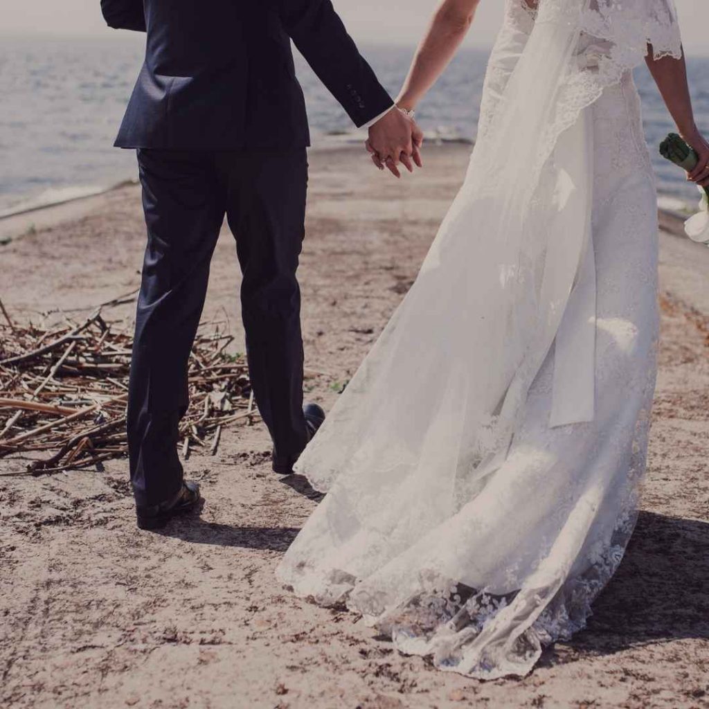 bride and groom walking together