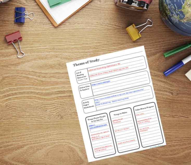 Free Printable to organize a homeschool theme lesson