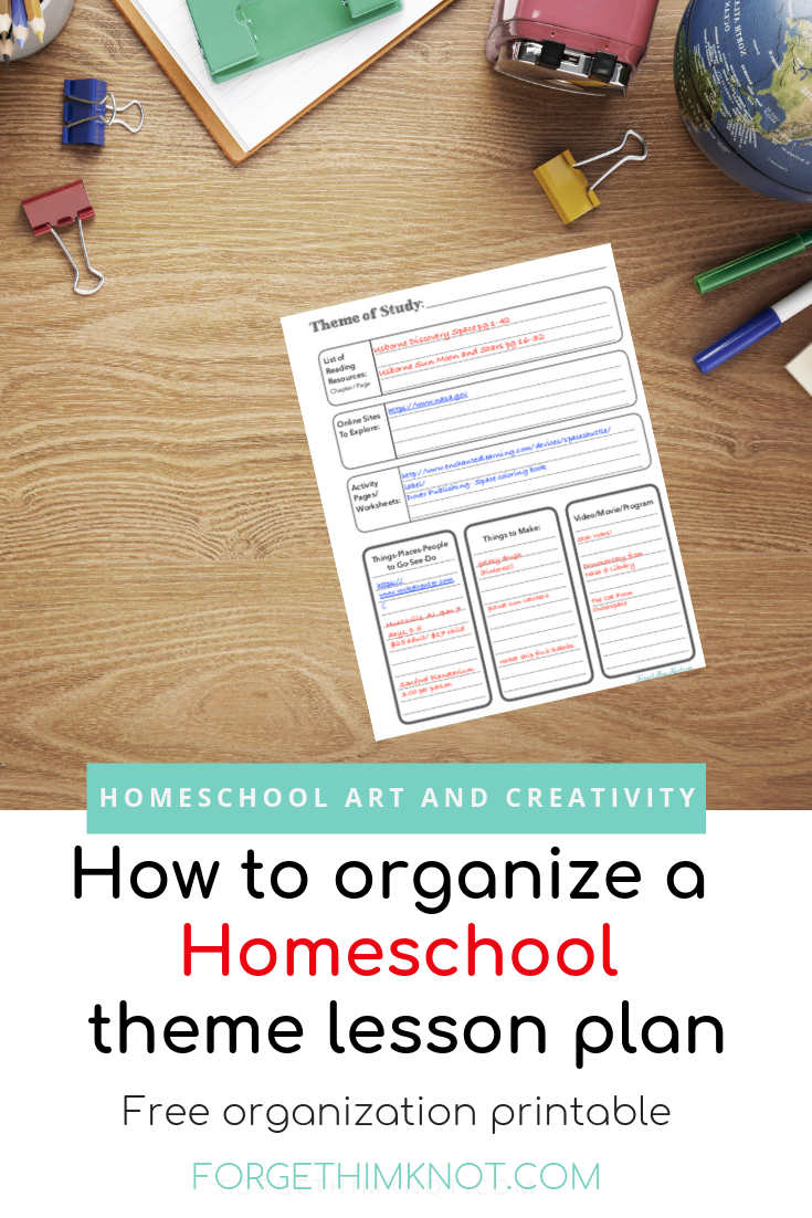 Free Printable to organize a homeschool theme lesson 