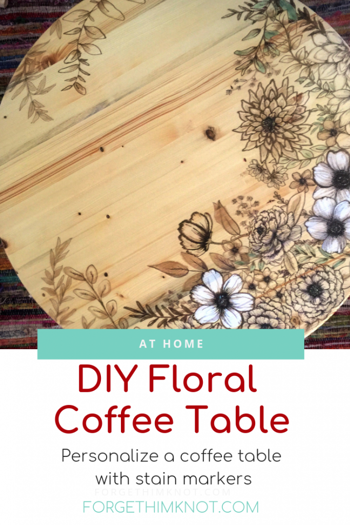 A round natural coffee table top with stain marker flower drawings