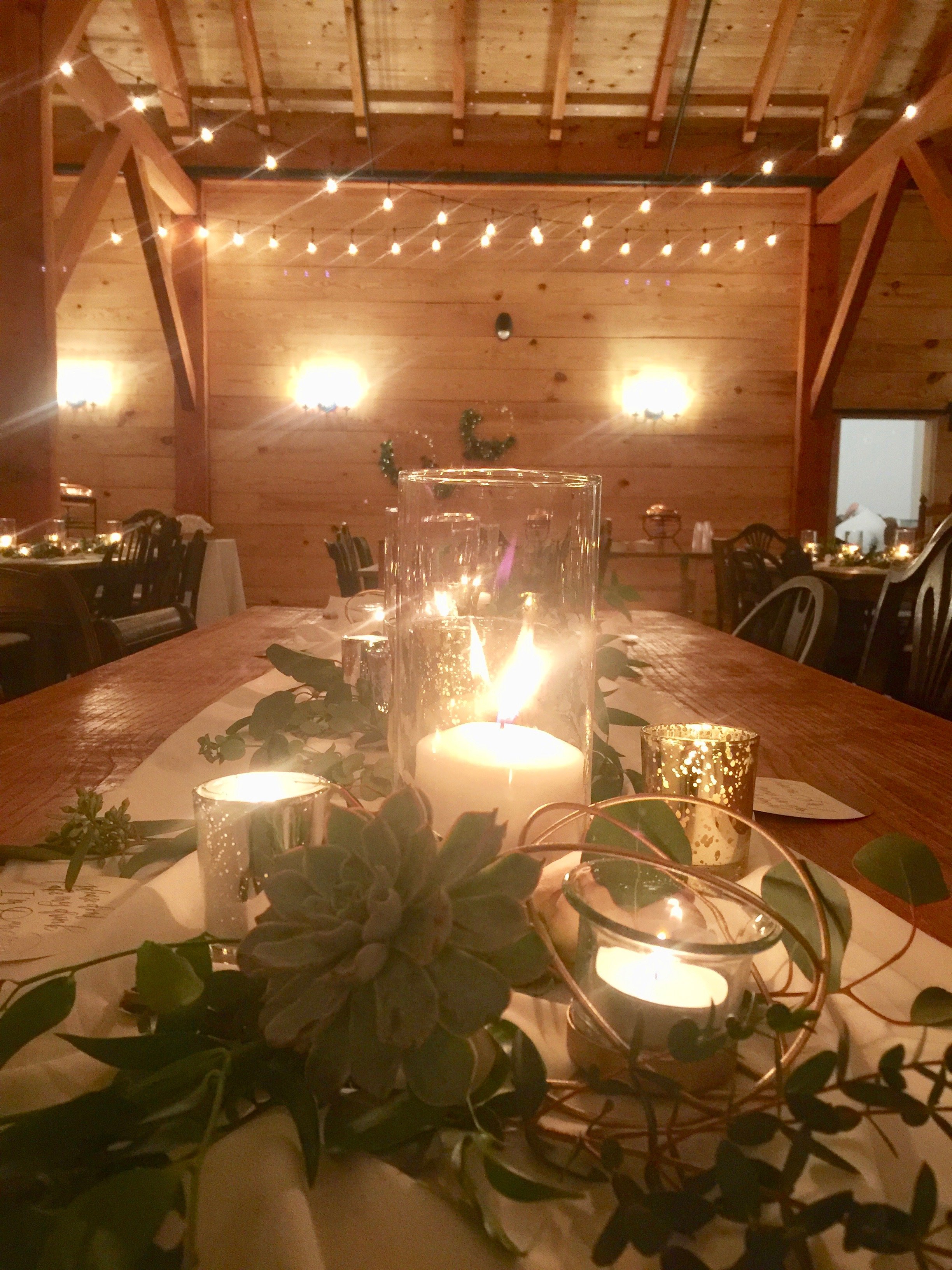 Rustic barn wedding reception table 