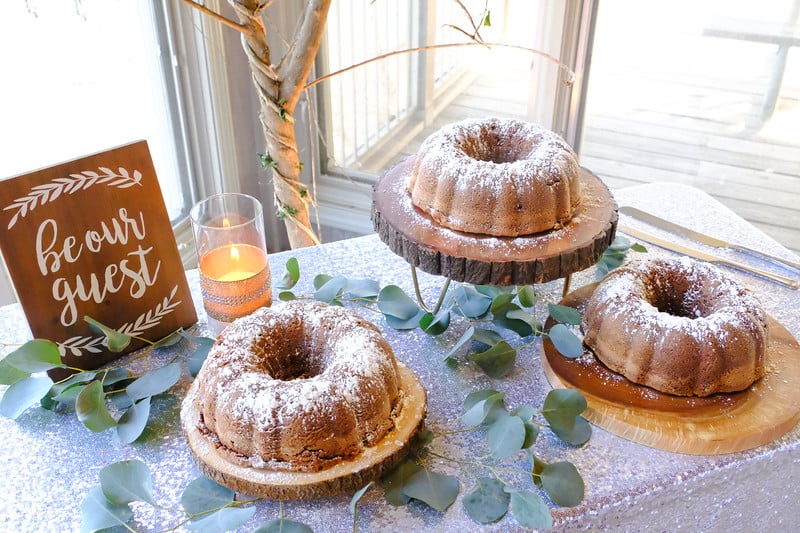 Grooms' cake on wood cut cake stands 