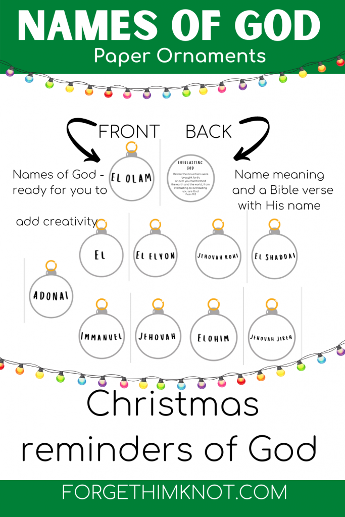 Paper Christmas ornaments with the names of God