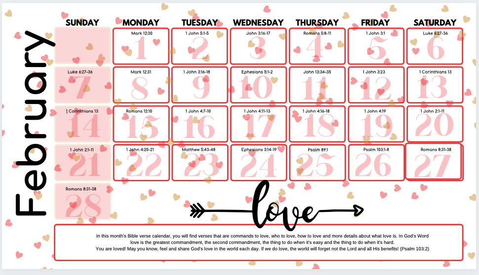 Monthly Bible Verse Calendar- Daily Verse Reading, Printables and