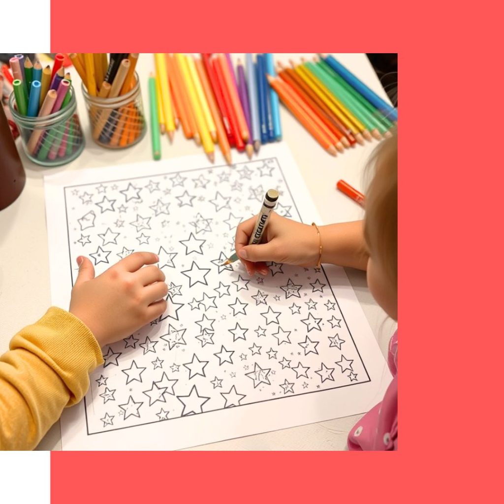 Kids coloring a page of stars Bible printables